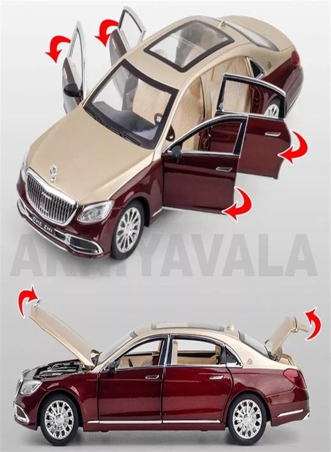 ARNIYAVALA سيارة لعبة مرسيدس بنز مايباخ S600 من أرنيافالا، بمقياس 1:24، مصنوعة من المعدن المصبوب، تعمل بنظام السحب للخلف، مناسبة للأطفال، مزودة بأبواب قابلة للفتح وإضاءة وموسيقى (ذهبي + عنابي). - Image 2
